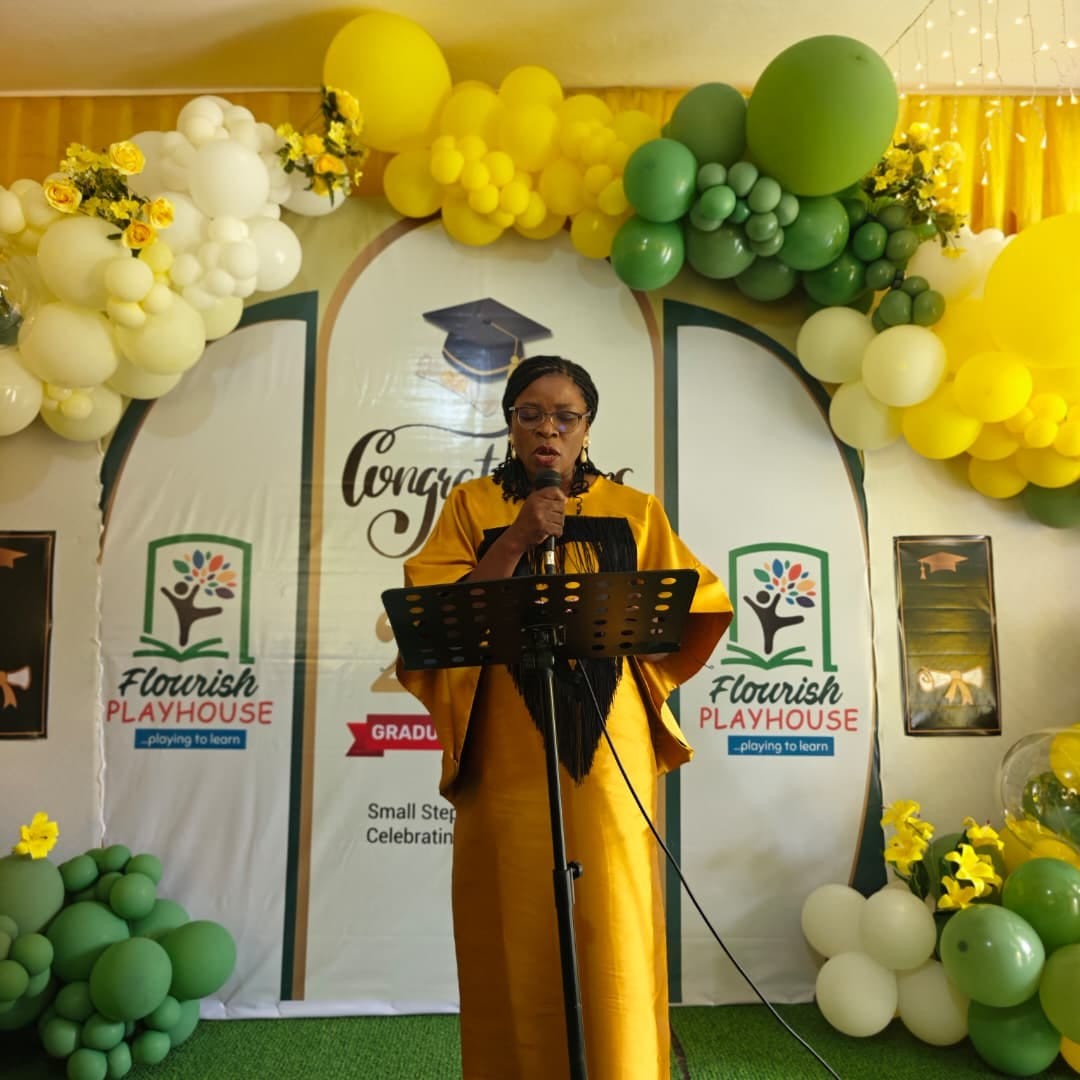 Mrs Oluwakemi Idowu addressing families at a Flourish Playhouse graduation ceremony